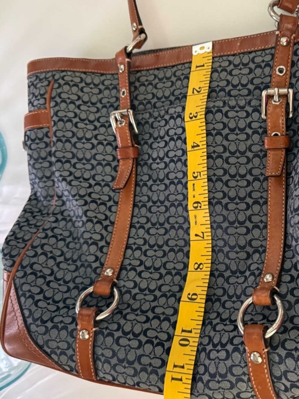 Coach Navy mini Cc Canvas Shoulder Tote with British Tan Leather Trim - Picture 3 of 6